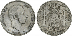 Alfonso XII
50 Centavos de Peso. 1884. MANILA. ESCASA. Pátina. MBC-/MBC.