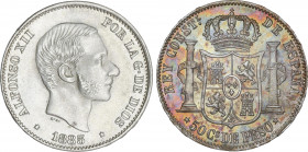 Alfonso XII
50 Centavos de Peso. 1885. MANILA. Pátina en reverso. Buen ejemplar. EBC+/SC-.