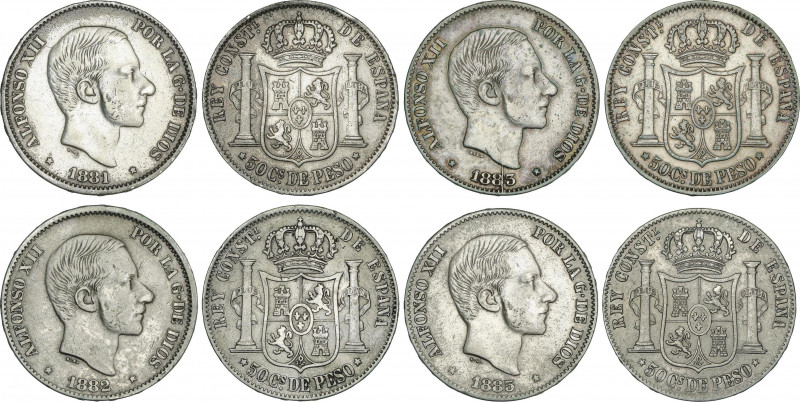 Alfonso XII
Lote 4 monedas 50 Centavos de Peso. 1881, 1882, 1883 y 1885. MANILA...