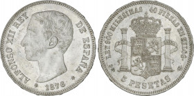 Alfonso XII
5 Pesetas. 1876 (*18-76). D.E.-M. (Pequeños golpecitos). EBC-.