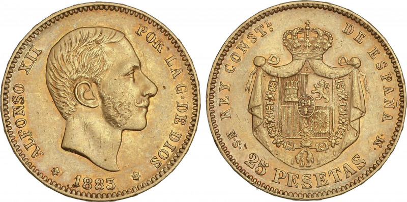 Alfonso XII
25 Pesetas. 1883 (*18-83). M.S.-M. Pátina. (Golpecito en primera es...