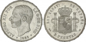 Alfonso XII
5 Pesetas. 1885 (*18-87). M.S.-M. (Limpiada). (EBC+).