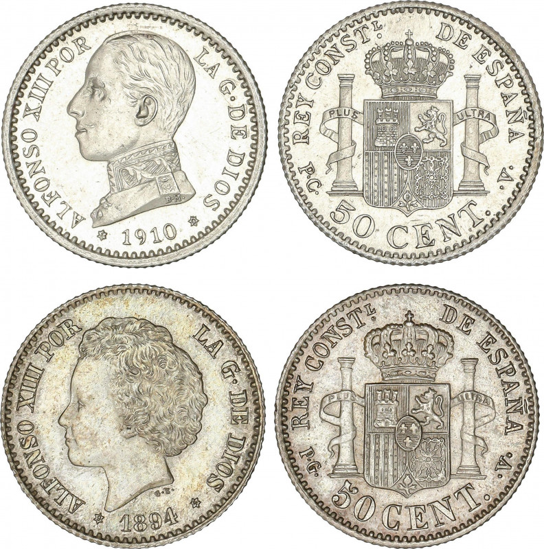 Alfonso XIII
Lote 2 monedas 50 Céntimos. 1894 y 1910 (*9-4) P.G.-V. y (*1-0) P....