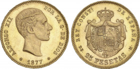 Alfonso XII
25 Pesetas. 1877 (*18-77). D.E.-M. Brillo original. EBC+.