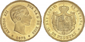 Alfonso XII
25 Pesetas. 1878 (*18-78). E.M.-M. Restos de brillo original. (Golpecitos). EBC.