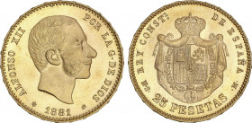 Alfonso XII
25 Pesetas. 1881 (*18-81). M.S.-M. Brillo original. (Golpecito en la ceja del busto y leves rayitas). SC-.