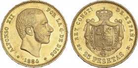 Alfonso XII
25 Pesetas. 1884 (*18-84). M.S.-M. Brillo original. EBC+.