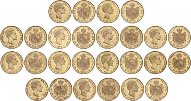 Alfonso XII
Lote 13 monedas 25 Pesetas. 1877 (*18-77) D.E-M (x7), 1878 (*18-78)...