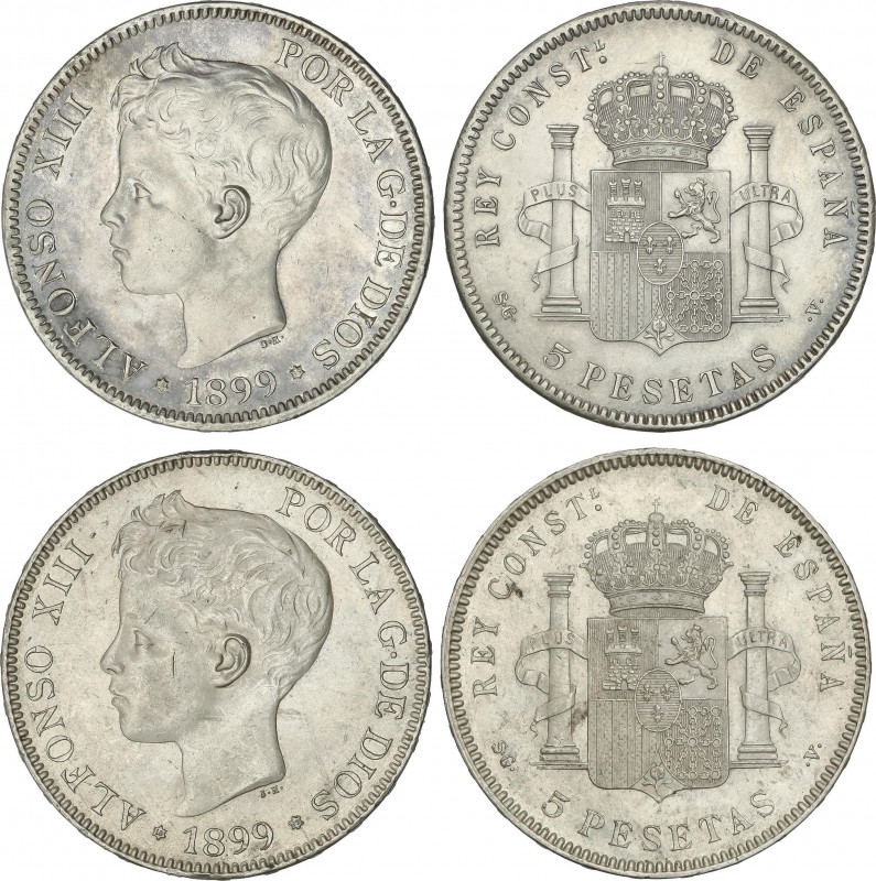 Alfonso XIII
Lote 2 monedas 5 Pesetas. 1899 (*18-99). S.G.-V. (Leves rayitas). ...