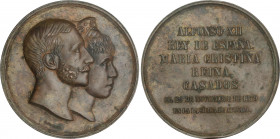 Alfonso XII
Medalla Boda Real Alfonso XII y María Cristina. 29 Noviembre 1879. Anv.: Bustos sobrepuestos a derecha. Rev.: Leyenda en 7 líneas. 229,76...