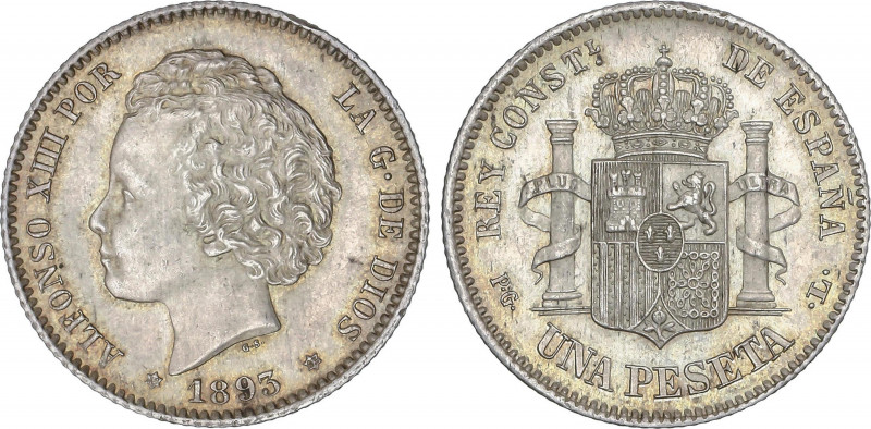 Alfonso XIII
1 Peseta. 1893*1893. P.G.-L. MUY RARA EN ESTA CALIDAD. 5,01 grs. G...