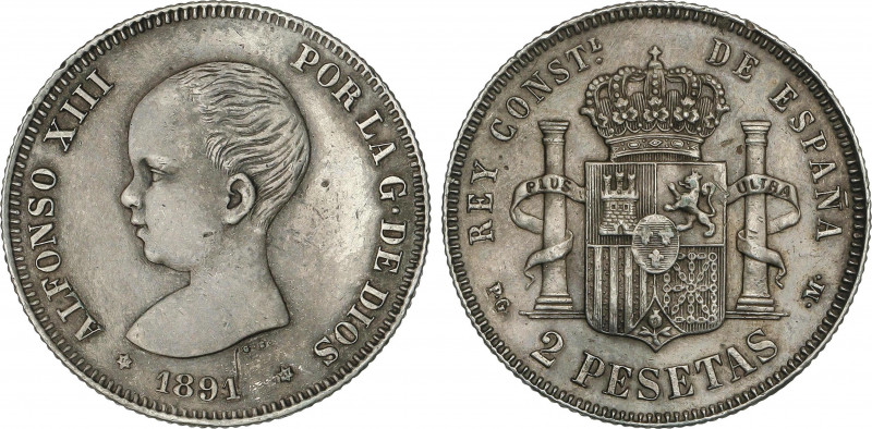 Alfonso XIII
2 Pesetas. 1891 (*18-91). P.G.-M. Golpecito en la segunda estrella...