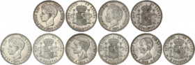 Lots and Collections from 1869 to 1931
Lote 5 monedas 5 Pesetas. 1879 a 1898. ALFONSO XII y ALFONSO XIII. 1879 (*18-79) E.M.-M, 1889 (*18-89) M.P.-M,...