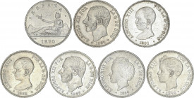 Lots and Collections from 1869 to 1931
Lote 7 monedas 5 Pesetas. 1870 a 1894. GOBIERNO PROVISIONAL a ALFONSO XIII. 1870 (*18-70) S.N.-M., 1883 (*18-8...