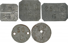 Local Issues of the Civil War
Lote 5 monedas 5, 10, 25, 50 Cèntims y 1 Pesseta. GRATALLOPS. MUY RARA. Fe. Serie completa. AT-1189/93; Vti-L20/L24. MB...