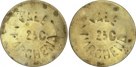 Local Issues of the Civil War
Lote 2 monedas 25 Céntimos. MARCHENA. Latón. A EXAMINAR. AC-45; Vti-L48. MBC.
