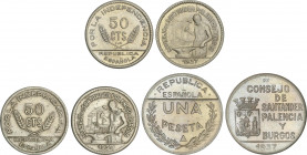 Local Issues of the Civil War
Lote 3 monedas 50 Céntimos (2) y 1 Peseta. 1937. CONSEJO de SANTANDER, PALENCIA Y BURGOS. CuNi. Las de 50 Céntimos con ...