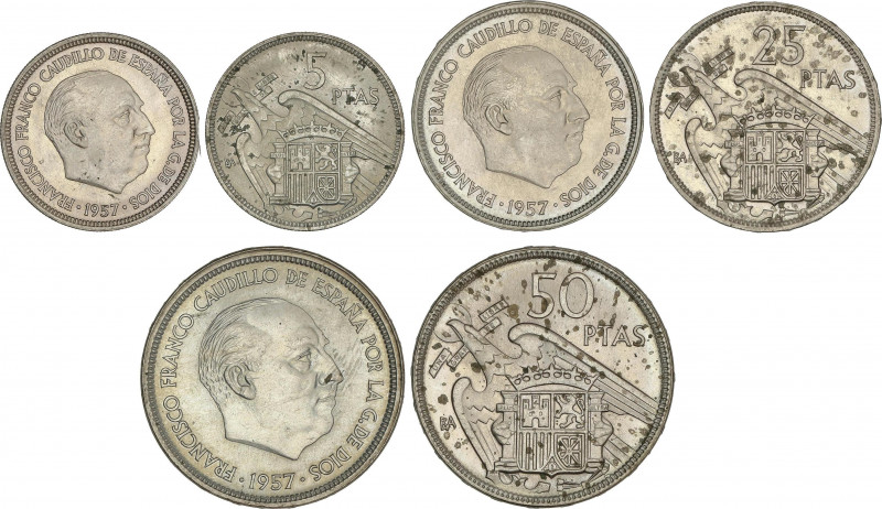 Estado Español
Serie 3 monedas 5, 25 y 50 Pesetas. 1957 (*BA). I Exposición Ibe...