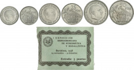 Estado Español
Serie 3 monedas 5, 25 y 50 Pesetas. 1957 (*BA). I Exposición Iberoamericana de Numismática y Medallística.Con entrada y sobre de celof...