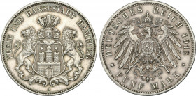 World Coins
German States
5 Marcos. 1913-J. HAMBURG. 27,75 grs. AR. KM-610. EBC-.