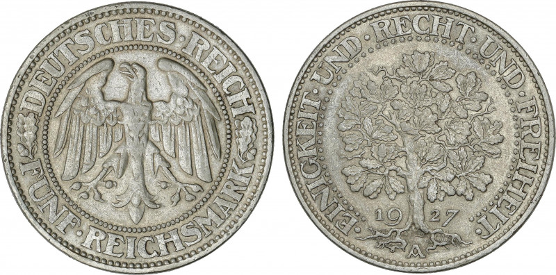 World Coins
Germany
5 Reichsmark. 1927-A. REPÚBLICA DE WEIMAR. BERLÍN. 24,96 g...