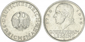World Coins
Germany
5 Reichsmark. 1929-E. REPÚBLICA DE WEIMAR. MULDENHUTTEN. 28,82 grs. AR. 200 aniversario nacimiento Lessing. KM-61. EBC-.