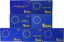 Juan Carlos I
Ecu Issues
Lote 7 monedas 5 Ecu. 1898, 90, 91, 92, 93, 94, 95. AR. Carlos V. Alfonso X, Averroes, Madrid Capital Europea Cultura, Don ...