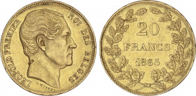 World Coins
Belgium
20 Francs. 1865. LEOPOLD I. 6,41 grs. AU. L. WIENER bajo el busto. (Hojita en anverso). Fr-411; KM-23. MBC+.