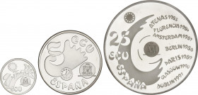 Juan Carlos I
Ecu Issues
Serie 3 monedas 1, 5 y 25 Ecu. 1992. AR. Madrid Capital Europea de la Cultura: Puerta de Alcalá, Carlos III y Palacio Real....