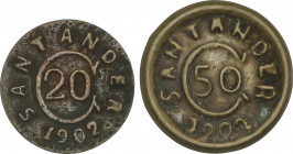 World Coins
Colombia
Lote 2 monedas 20 y 50 Centavos. 1902. PROVINCIA DE SANTANDER GUERRA CIVIL. BUCAMARANGA. Latón unifaz. KM-A2, A3. EBC.