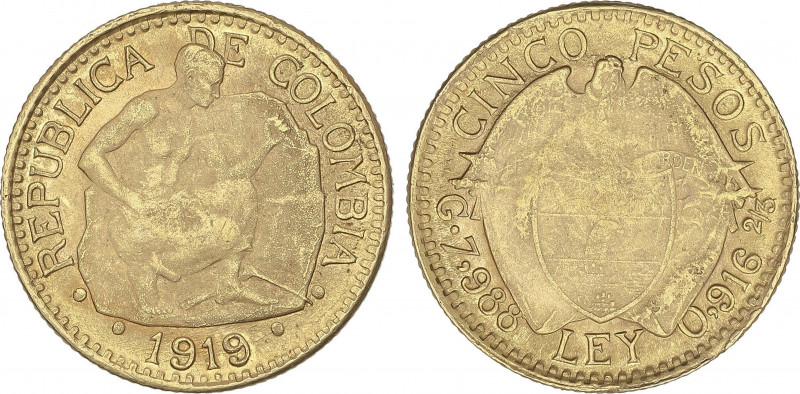 World Coins
Colombia
5 Pesos. 1919. 8,04 grs. AU. Anverso y reverso no coincid...