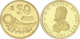 Juan Carlos I
Ecu Issues
50 Ecu. 1989. 17,24 grs. AU. Felipe II. En estuche original con certificado. FDC.