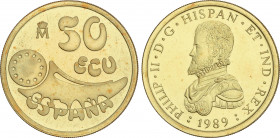 Juan Carlos I
Ecu Issues
50 Ecu. 1989. 17,25 grs. AU. Felipe II. En estuche original con certificado. FDC.