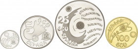 Juan Carlos I
Ecu Issues
Serie 4 monedas 1, 5, 25 y 100 Ecu. 1992. AR (3) y AU. Madrid Capital Europea de la Cultura. En estuches originales con cer...