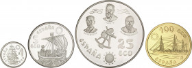 Juan Carlos I
Ecu Issues
Serie 4 monedas 1, 5, 25 y 100 Ecu. 1996. II SERIE MARINA ESPAÑOLA. AR (3) y AU. Sin estuches ni certificados. FDC.