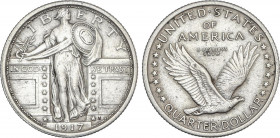 World Coins
United States of America
1/4 Dollar. 1917. 6,2 grs. AR. Standing Liberty Tipo 1. Hombro expuesto en anverso y sin estrellas bajo águila ...
