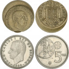 Lots and Collections
Lote 2 monedas 1 y 5 Pesetas. 1966 y 1980. ESTADO ESPAÑOL y JUAN CARLOS I. ERROR: 1 Peseta 1966 Acuñación desplazada y 5 Pesetas...