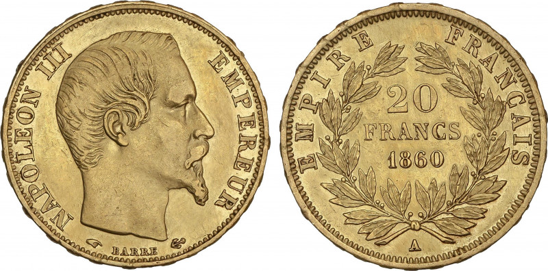 World Coins
France
20 Francs. 1860-A. NAPOLEON III. PARIS. 6,41 grs. AU. Fr-57...