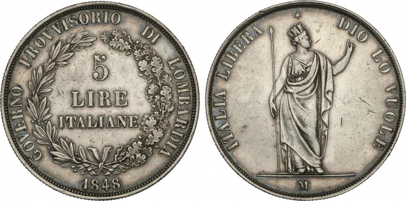 World Coins
Italian States
5 Lire. 1848-M. LOMBARDÍA. MILÁN. 24,88 grs. AR. (P...