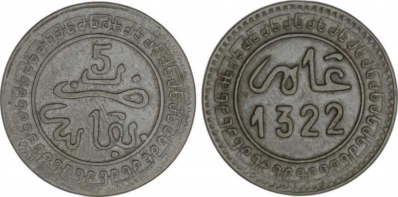 World Coins
Morocco
5 Mazunas. 1322 d.H. (1904). ABD AL-AZIZ. FES. 5,01 grs. B...