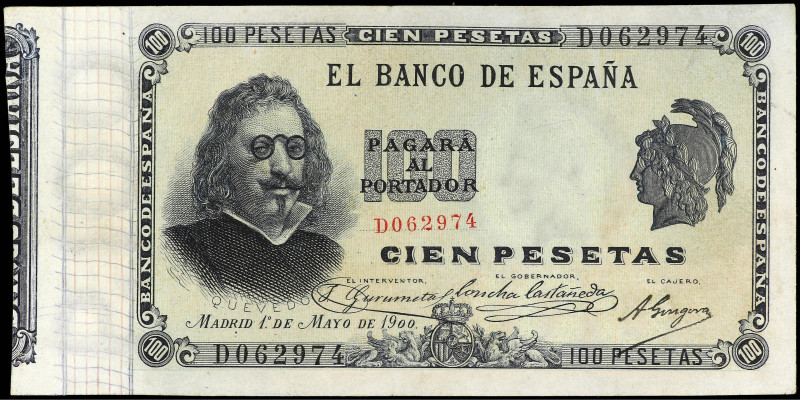 Spanish Banknotes
Spanish Banknotes
100 Pesetas. 1 Mayo 1900. Quevedo. Serie D...