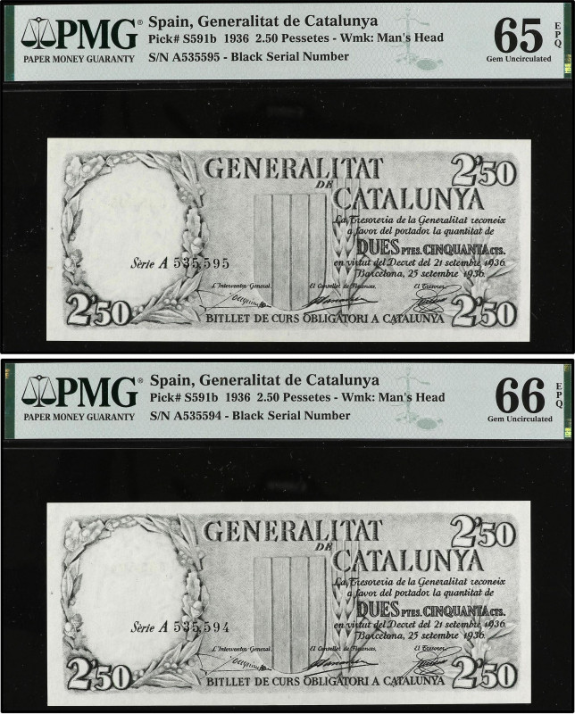 Spanish Banknotes
Guerra Civil
Lote 2 billetes 2,50 Pessetes. 25 Setembre 1936...