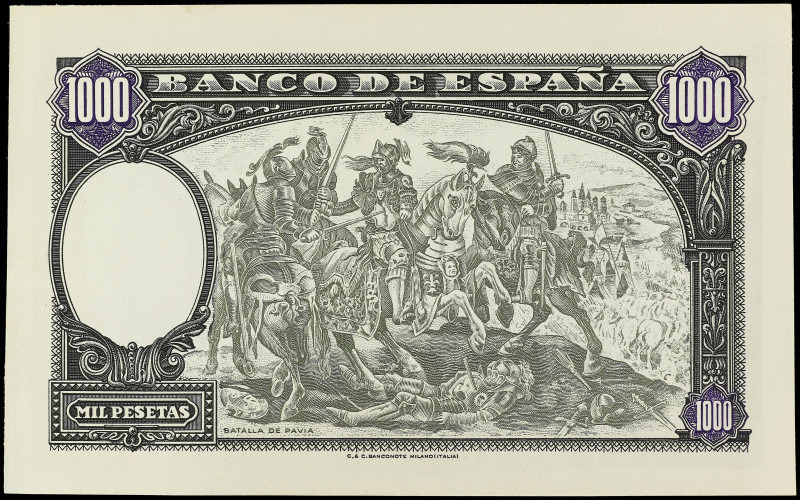 Spanish Banknotes
Estado Español
Prueba de reverso de un billete NO EMITIDO de...