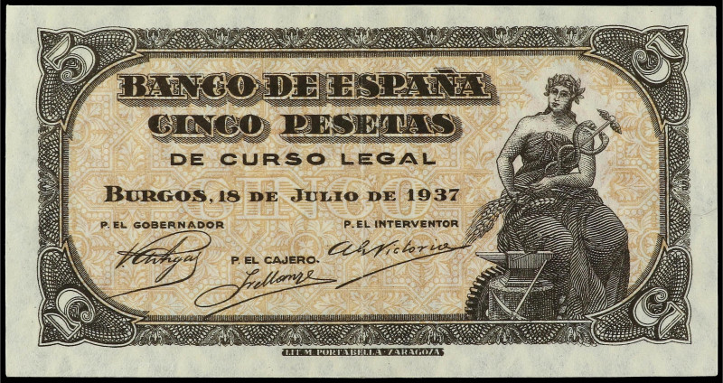 Spanish Banknotes
Estado Español
5 Pesetas. 18 Julio 1937. Portabella. Sin Ser...