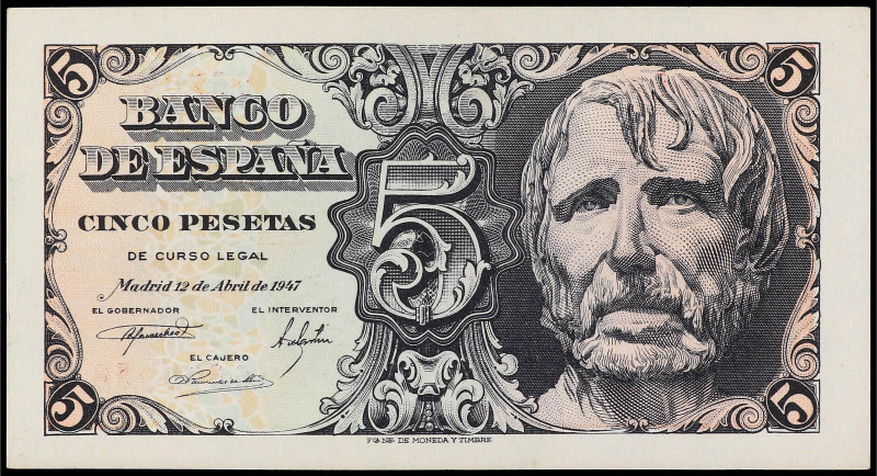 Spanish Banknotes
Estado Español
5 Pesetas. 12 Abril 1947. Séneca. Sin Serie. ...