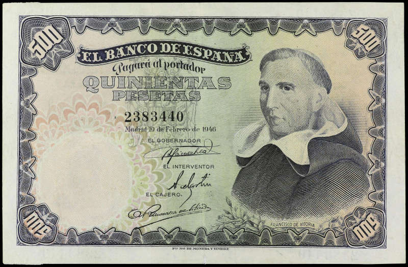 Spanish Banknotes
Estado Español
500 Pesetas. 19 Febrero 1946. Francisco de Vi...