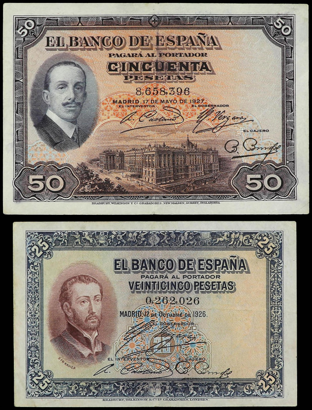 Spanish Banknotes Lots
Lote 2 billetes 25 y 50 Pesetas. 1926 y 1927. Incluye 25...