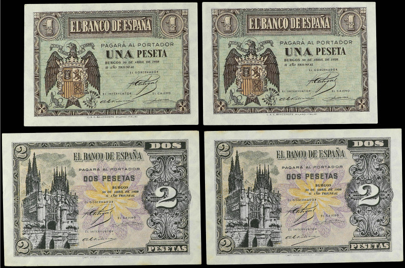 Spanish Banknotes Lots
Lote 4 billetes 1 (2) y 2 Pesetas (2). 30 abril 1938. 2x...