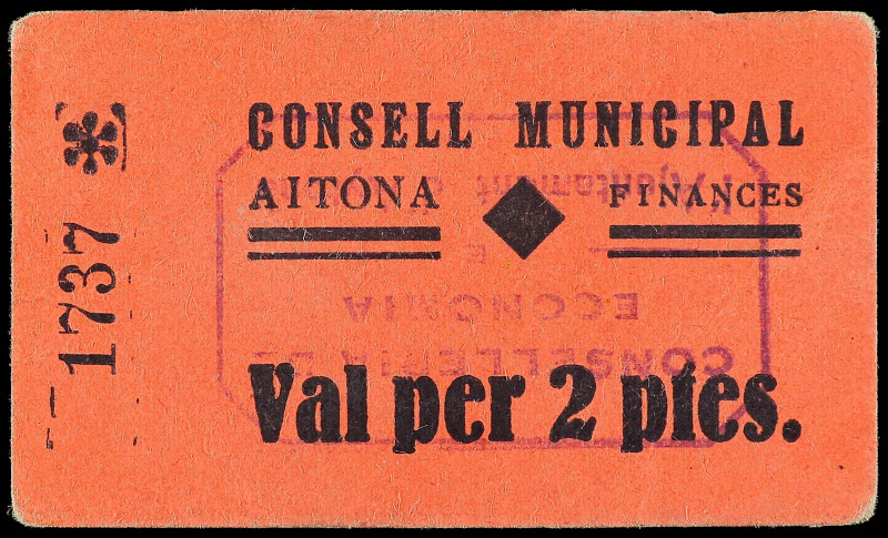 Paper Money of the Civil War
Catalonia
2 Pessetes. C.M. d´AITONA. Cartón. Tamp...