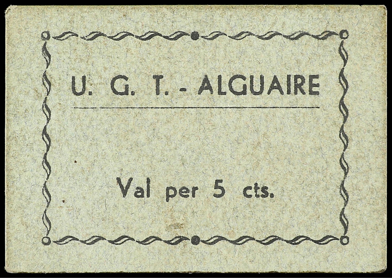 Paper Money of the Civil War
Catalonia
5 Cèntims. U.G.T.-ALGUAIRE. Cartón. Tam...